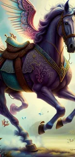 Majestic purple Pegasus with wings in a whimsical landscape mobile wallpaper.