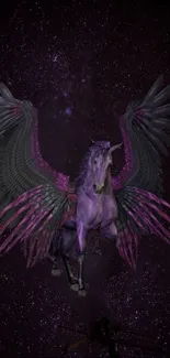 Purple pegasus soaring in a galaxy-inspired backdrop.