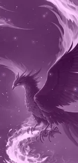 Majestic purple phoenix flying with flaming wings in the night sky.