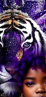 Majestic purple tiger with child in vibrant digital art wallpaper.