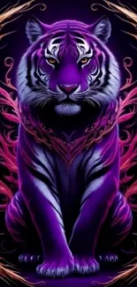 Purple tiger art with vibrant flames. Digital wallpaper.