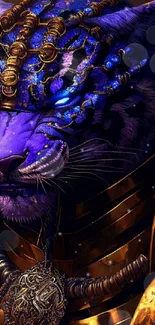 Majestic purple tiger with gold jewelry in fantasy art style.