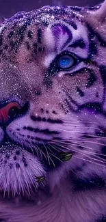 Purple tiger with blue eyes in a mystical and vibrant setting.