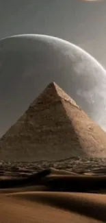 Pyramid under moonlit sky in the desert, creating a serene and ancient atmosphere.