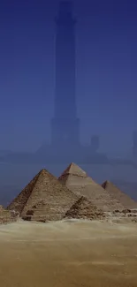 Enchanting pyramids with a towering structure in the background.