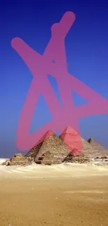 Pyramids of Giza with a star design in the blue sky.