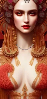 Fantasy queen with golden red headdress in intricate artistic design.