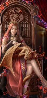 Fantasy queen with dragon on ornate throne.