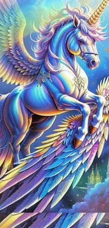 Colorful rainbow unicorn with wings, set against a dreamy fantasy background.