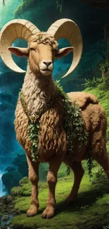 Majestic ram in mystical forest with lush greenery and waterfall.