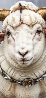 Majestic ram with ornate horns and jewelry.