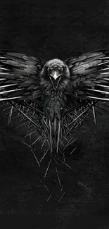 Intricate raven design on black background wallpaper.