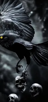 Black raven in flight holding skulls amid dark background.