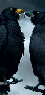 Two majestic ravens face each other under a stormy sky, full of depth and drama.