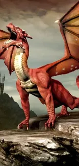 Majestic red dragon on cliff beside ancient castle.