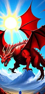 A majestic red dragon soaring in a blue sky, surrounded by mountain peaks.