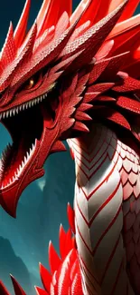 Fierce red dragon with sharp scales and majestic wings.