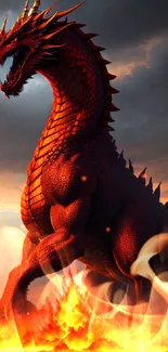 Majestic red dragon in a fiery landscape with dramatic skies.