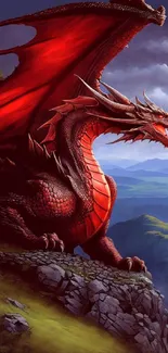 Majestic red dragon perched on a rocky cliff under dramatic skies.