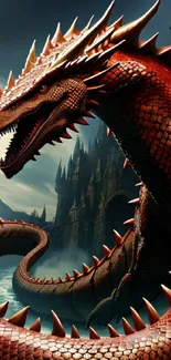 Majestic red dragon with castle background, perfect for fantasy enthusiasts.