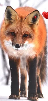 Majestic red fox standing in snowy winter landscape.