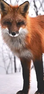 Majestic red fox standing in snowy forest background.