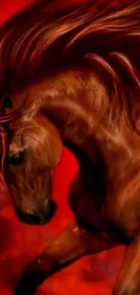 Majestic horse with flowing mane on red background.