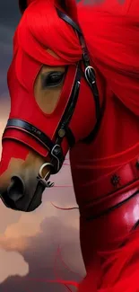 A majestic red horse with a bridle against a soft background.