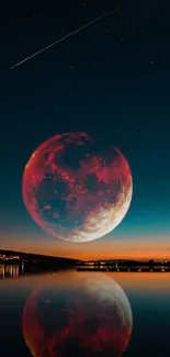 Ethereal red moon reflecting on a calm lake under a starry night sky.