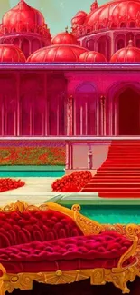 Majestic red palace with velvet couch and lush gardens.