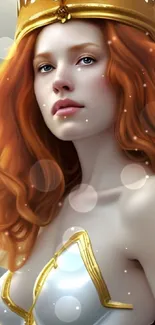 Fantasy art with majestic red-haired queen wearing a crown.