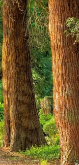 Tall redwood trees in a serene forest setting.