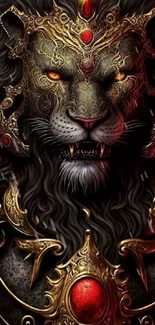 Regal lion with intricate armor in a striking mobile wallpaper.