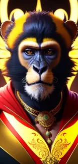 A majestic monkey with a regal look, golden accents, and a red cloak.