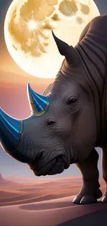 Majestic rhinoceros with blue horns under a full moon in the desert landscape.