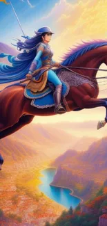 Fantasy art wallpaper of a rider on horseback at sunset.