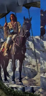 Rider on horseback against a desert backdrop of rocky cliffs and a blue sky.