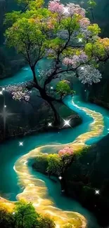 Majestic river with flowering tree and glowing path.