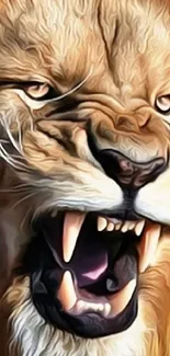 Dynamic artistic representation of a roaring lion with golden brown hues.