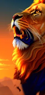 Roaring lion artwork with vibrant sunset background.