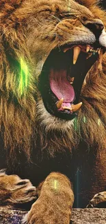 A majestic lion roaring fiercely in stunning desktop wallpaper.