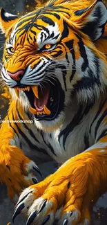 Fierce roaring tiger in digital artwork with vibrant orange colors.