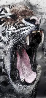 Roaring tiger artwork with fierce expression and striking features in deep gray tones.