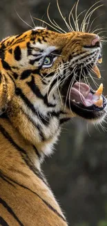 Close-up of a roaring tiger in a vibrant, natural setting.