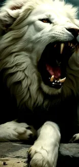 Roaring white lion mobile wallpaper, showcasing wildlife majesty.