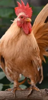 Majestic rooster standing on branch amidst greenery.