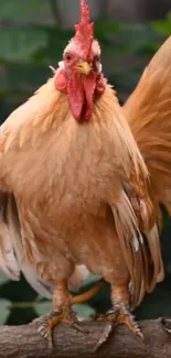 Close-up of a majestic rooster with vibrant orange feathers in nature.