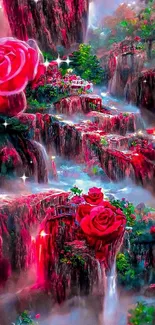 Vibrant fantasy landscape with roses and cliffs.