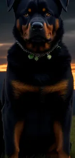 Majestic Rottweiler seated against a sunset backdrop.