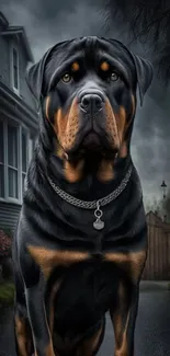 Majestic Rottweiler in front of a vintage house, creating an elegant mobile wallpaper.